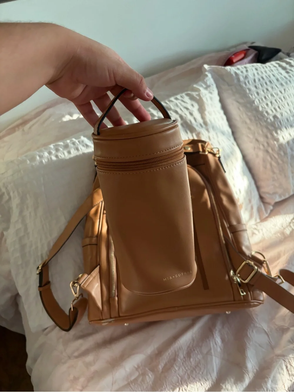 Mia and Sophia backpack diaper bag Tan Leather Convertible Backpack with pouch